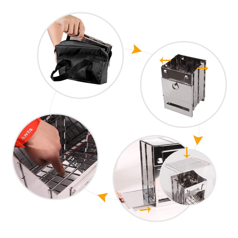 CAMPMAX Large Portable Folding Camping Wood Stove for Outdoor Cooking, Sturdy Lightweight 304 Stainless Steel Wood Burning Camp Stove with Grill for Backpacking BBQ Silver - Image 3